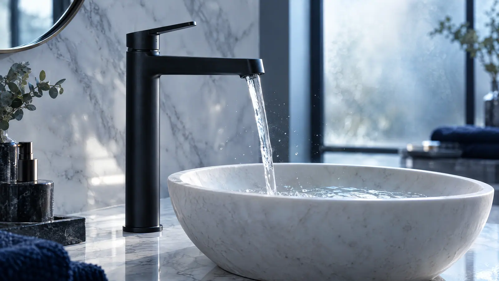 Matte black faucet pouring clear water into a stone basin