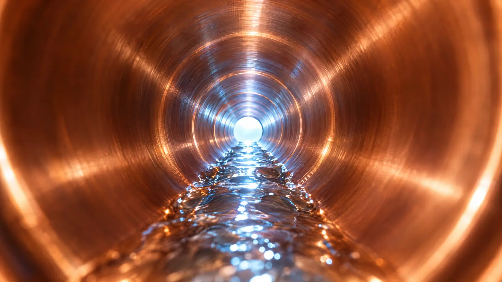 Clean water flowing through a polished copper pipe