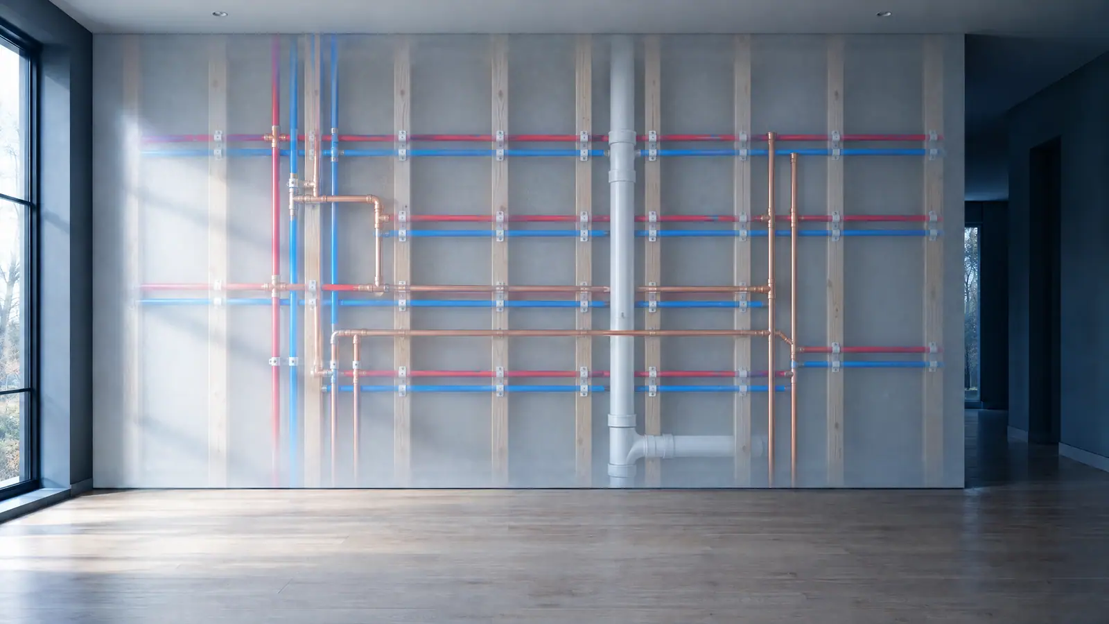 Neat red and blue PEX lines and copper pipe inside an open wall
